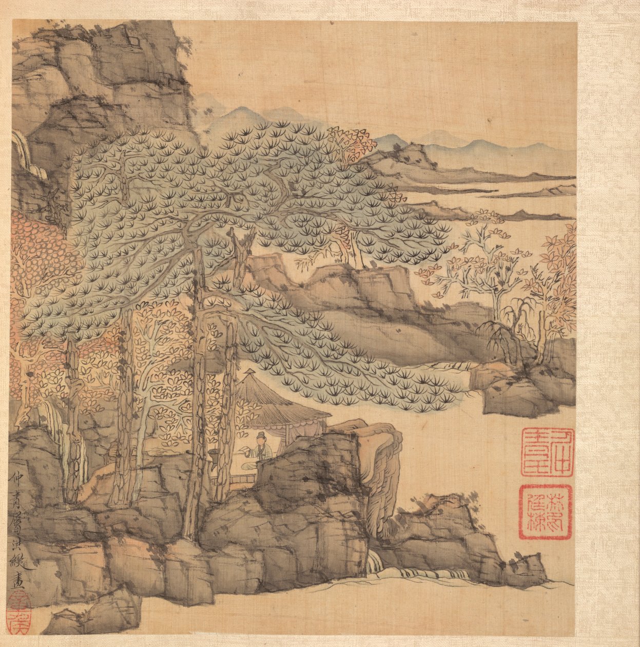 Paintings After Ancient Masters: Scholar Reading in a Thatched Hut by a Waterfall by Chen Hongshou