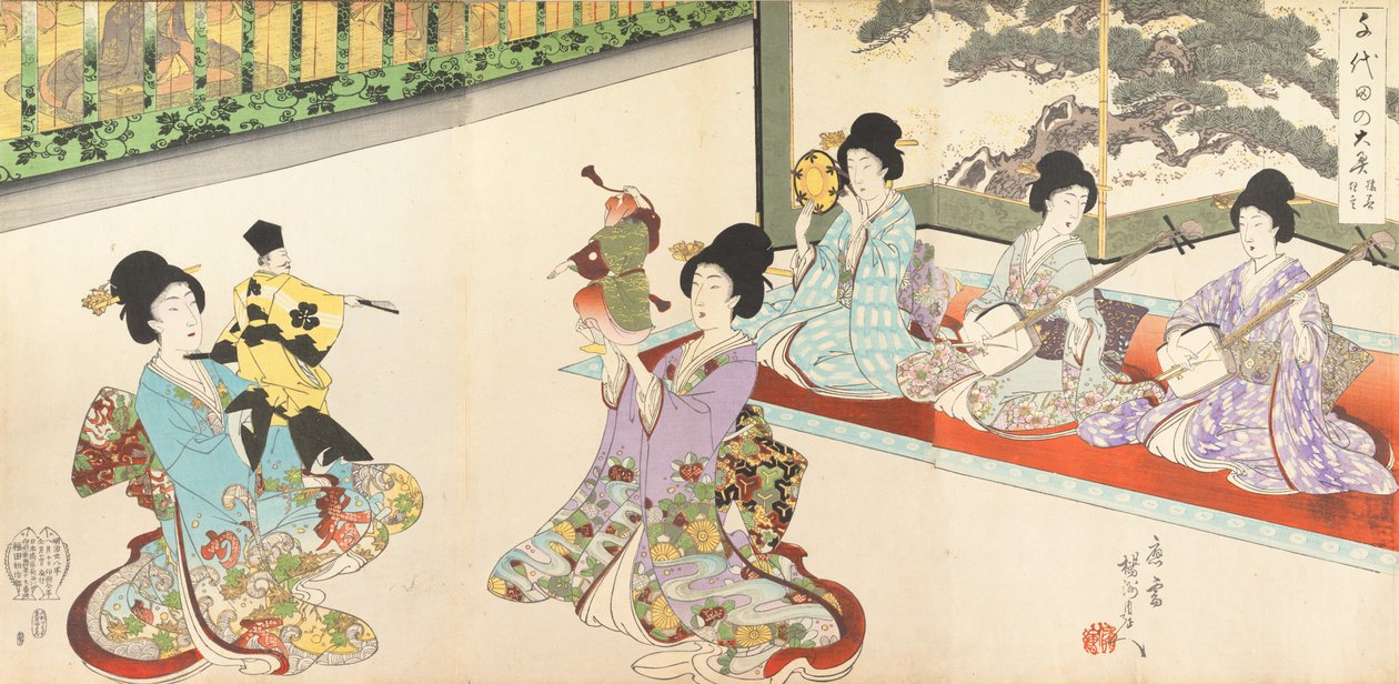 Ladies in Waiting of the Chiyoda Castle: Sword Practice and Puppet Kyogen by Chikanobu Yoshu