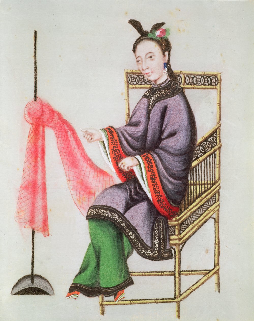 A Chinese Woman making a fishing net, Qianlong Period (1736-96)