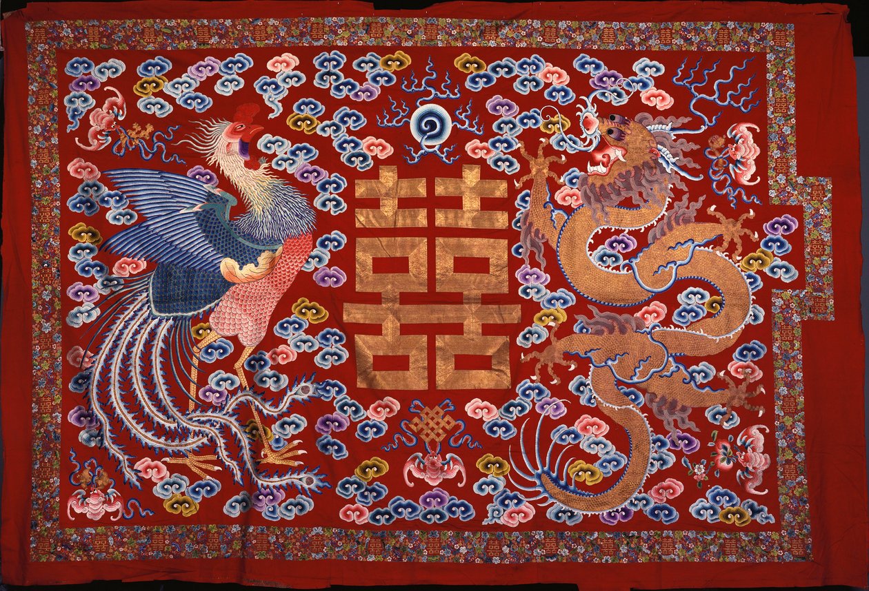 A Chinese Hanging of Red Wool with a Central Character in Gilt Thread Flanked by a Phoenix and a Dragon by Chinese School