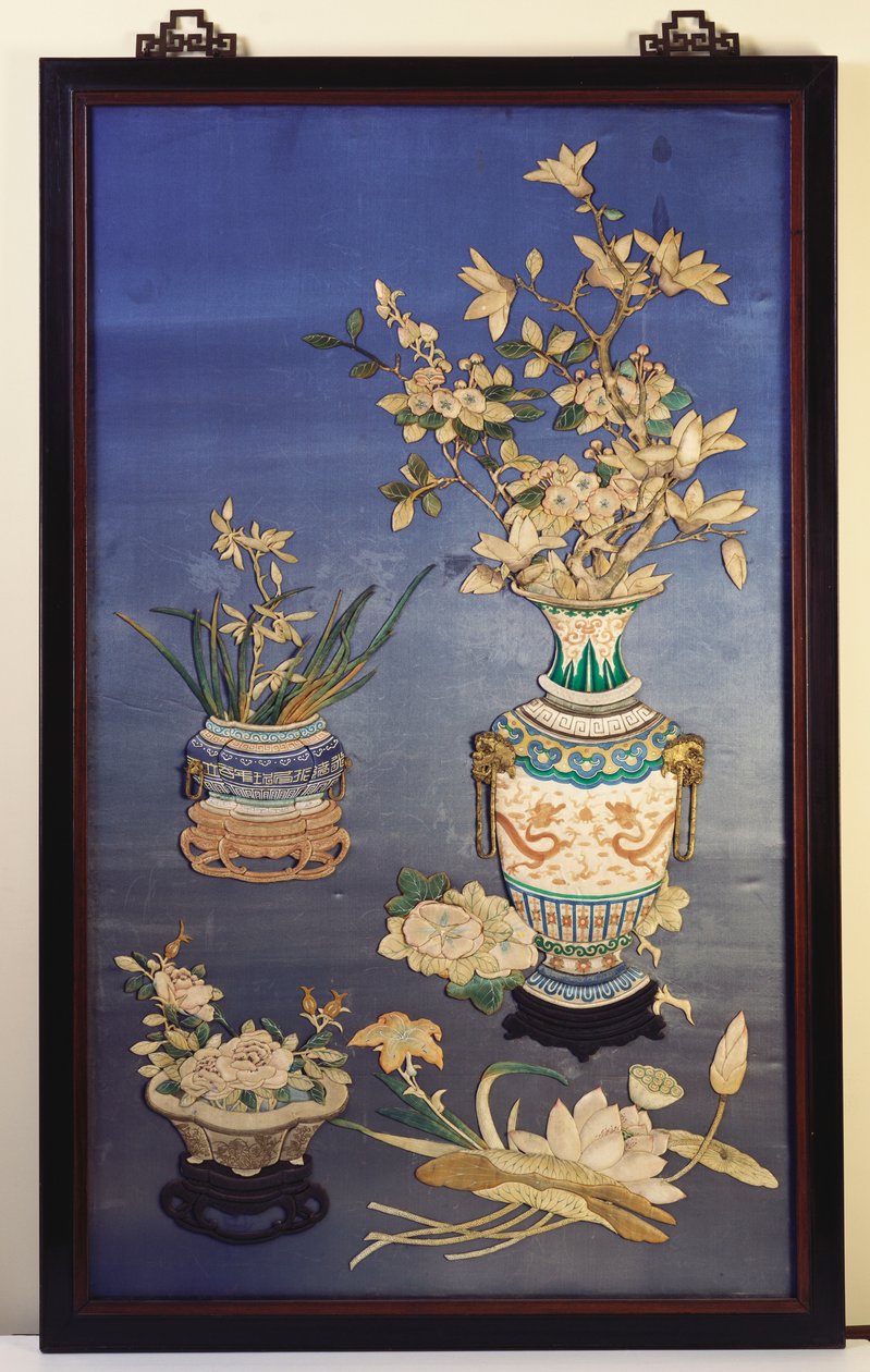 A Silk Panel Depicting Vases with Cherry Blossoms, Magnolia and Orchids and a Jardiniere with Roses Amid Sprigs of Lotus, Day Lilies and Morning Glories by Chinese School