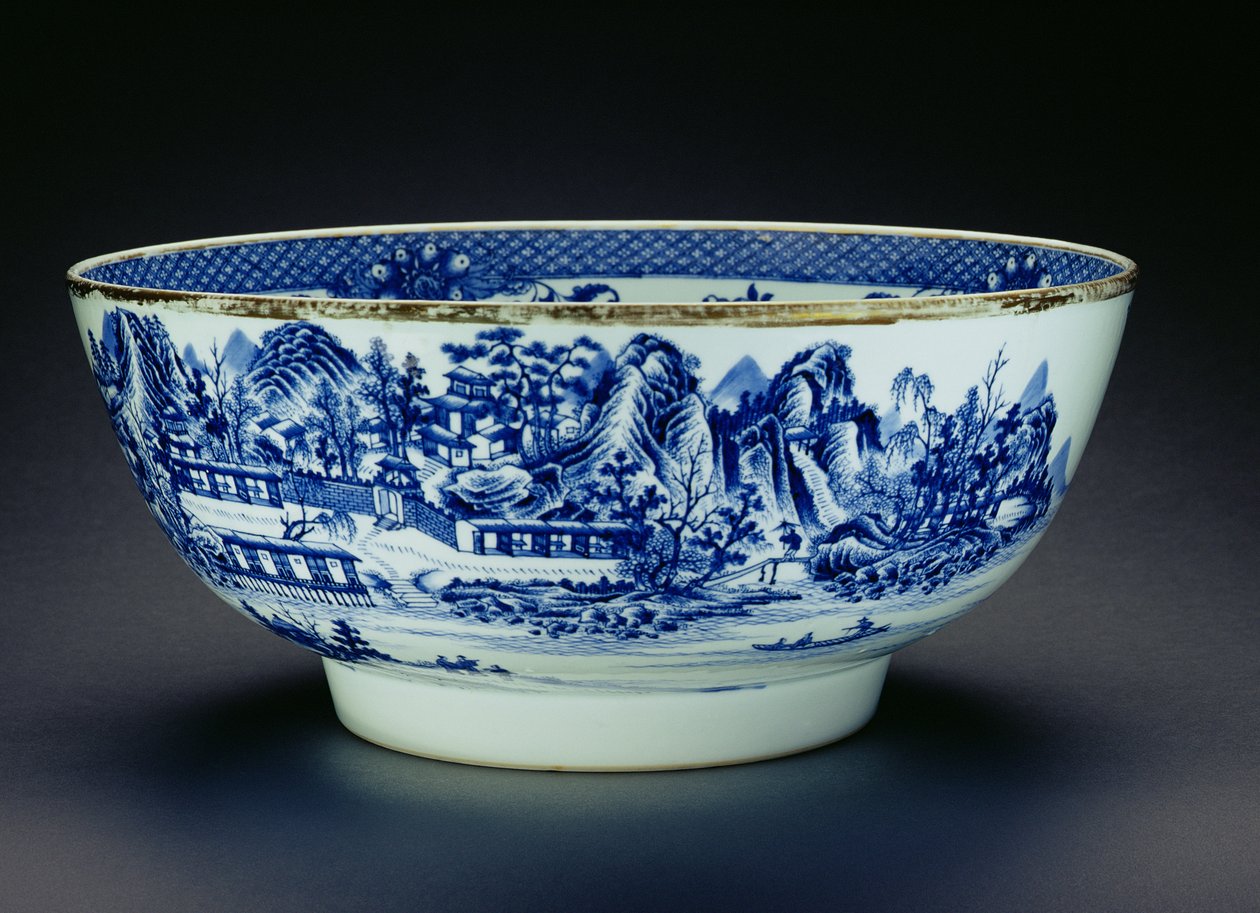 Blue and white bowl decorated with a scene showing the manufacture of porcelain by Chinese School