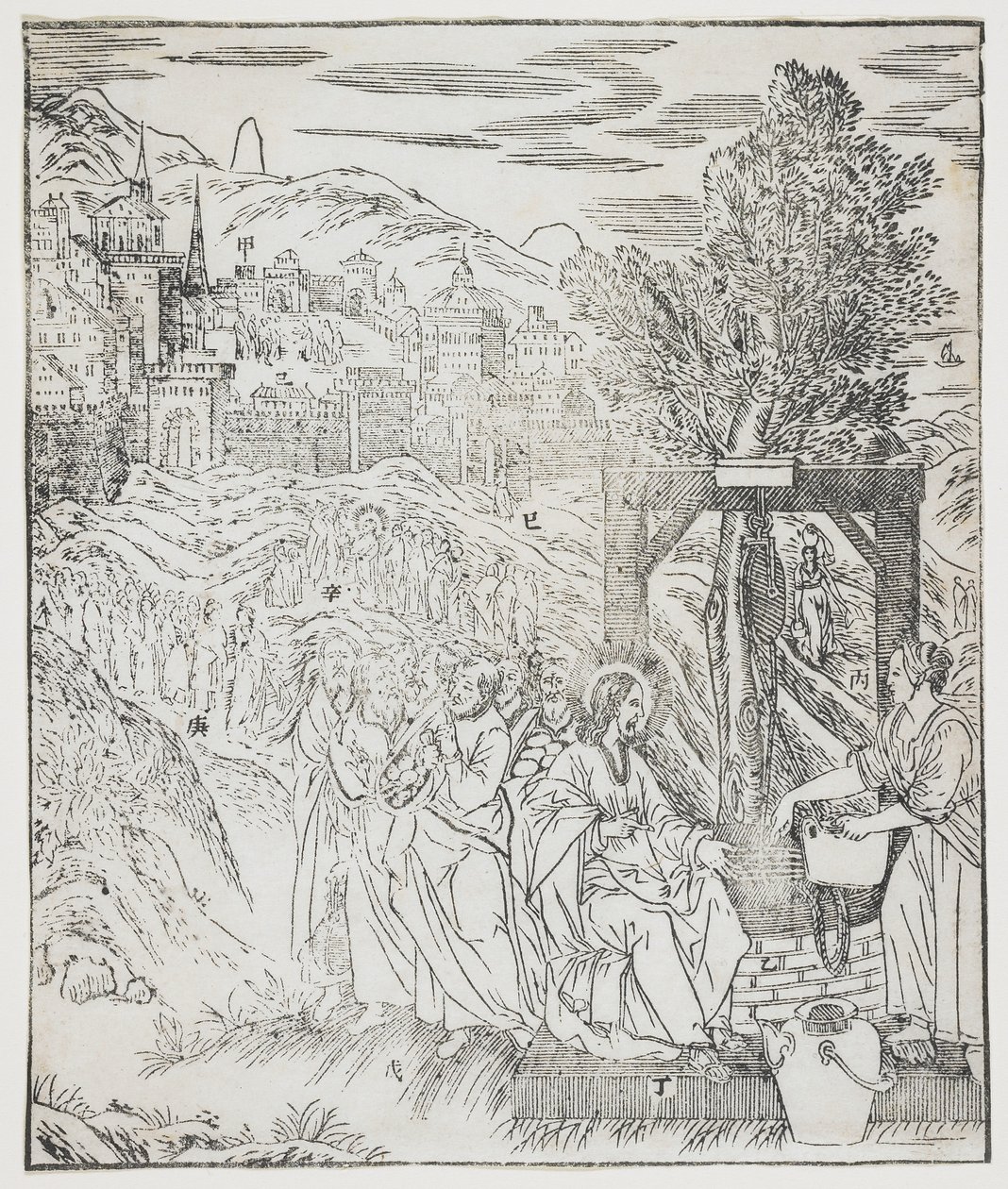 Christ at the Well (Plate from Giulio Alenis Tianzhu jiangsheng zhuxiang jingjie) by Chinese School
