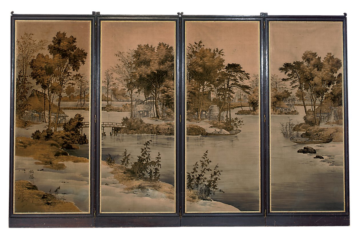 Four-Fold Screen with Velvet Panels, Woven with a River Landscape in Grisaille Tones by Chinese School