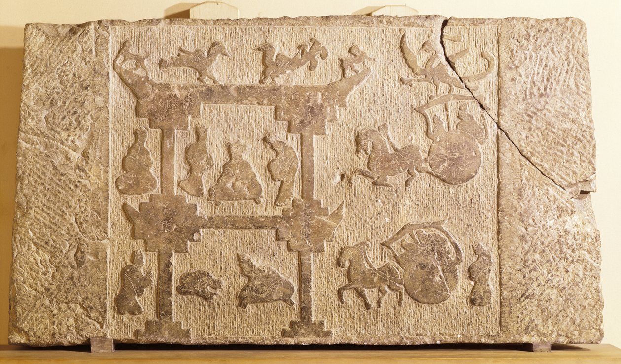 Slab decorated with carriages and mythical birds, Han Dynasty by Chinese School