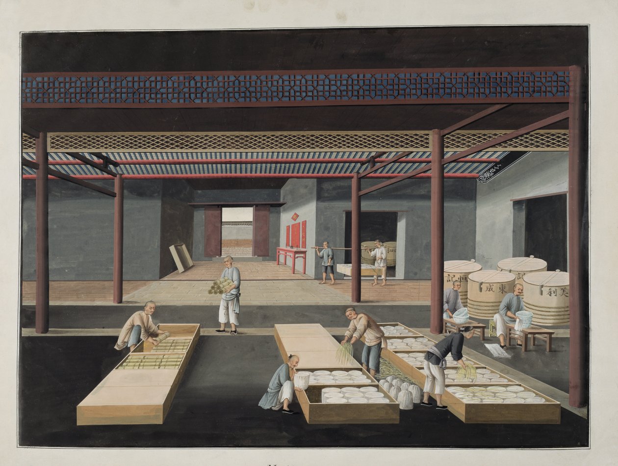 The Crating and Packing of Bowls and Dishes, plate 12 in a series of twelve depicting the process of Chinese porcelain manufacture, 19th century by Chinese School