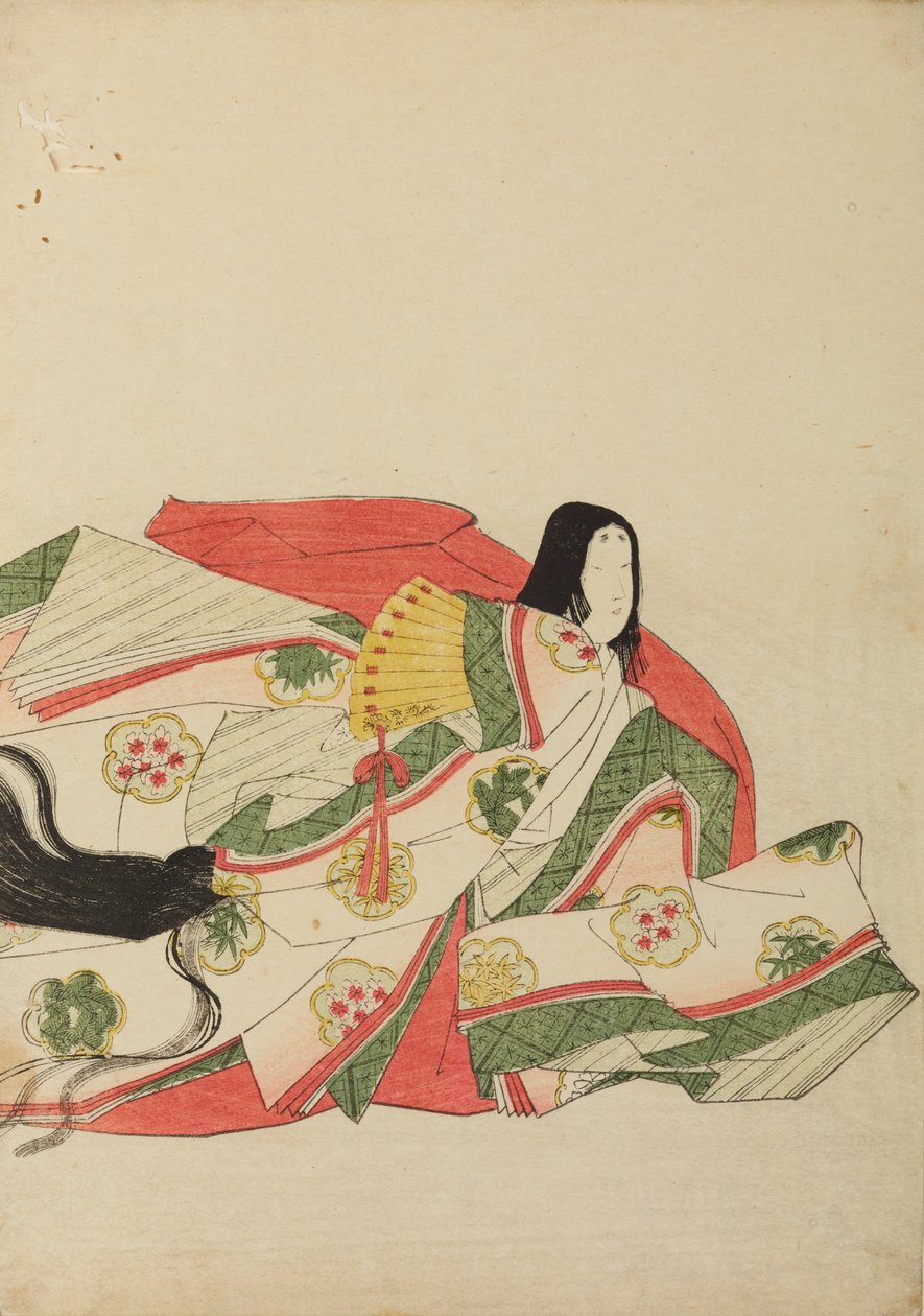 Court lady seated with a yellow fan, plate from the album: Nishiki-zuri onna sanju rokkasen e-zukushi by Chobunsai Eishi