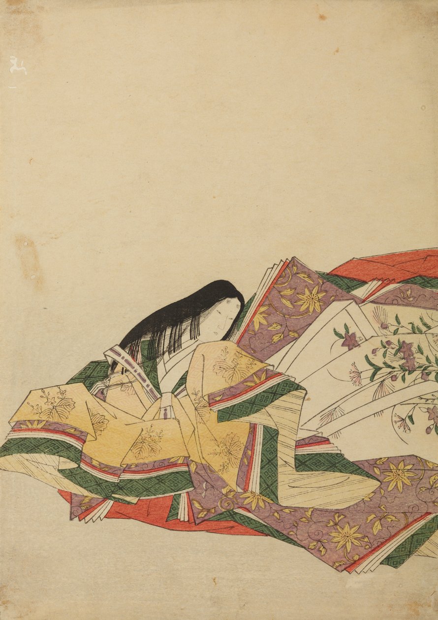 Lady of the Court Sitting, Turned Left, Plate from Album: Nishiki-zuri onna sanju rokkasen e-zukushi by Chobunsai Eishi