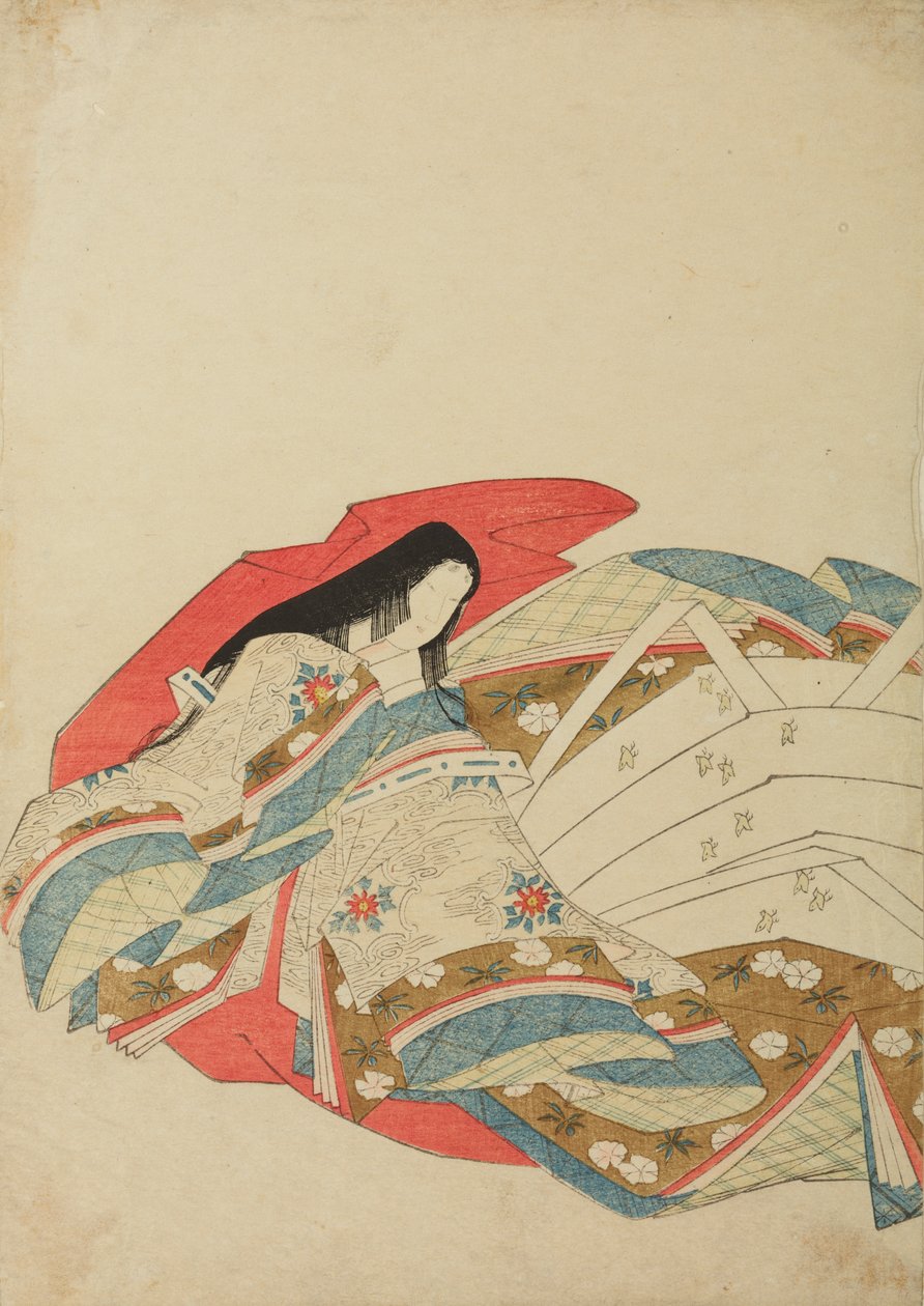 Seated Court Lady Turned Left, Plate from the Album: Nishiki-zuri onna sanju rokkasen e-zukushi by Chobunsai Eishi