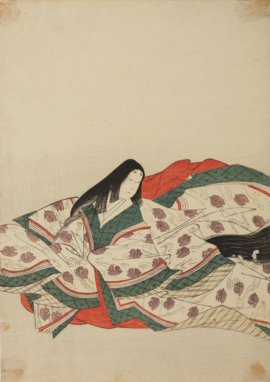 Court lady in a white kimono with a pattern of ducklings on water, plate from the album: Nishiki-zuri onna sanju rokkasen e-zukushi by Chobunsai Eishi