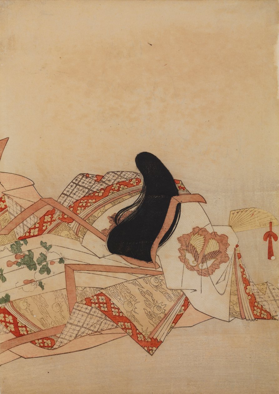 Court Lady with a Fan, plate from the album: Thirty-Six Female Poets / Illustrated Collection of Thirty-Six Female Poets in Brocade Print by Chobunsai Eishi