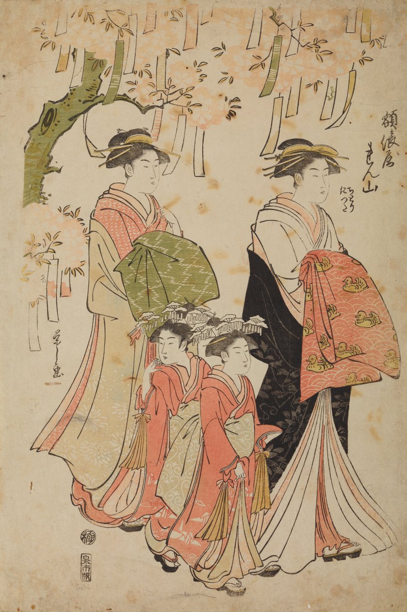 Oiran Renzan from the Tawaraya House with Companion and Two Kamuro Chidori and Tatsuta by Chobunsai Eishi