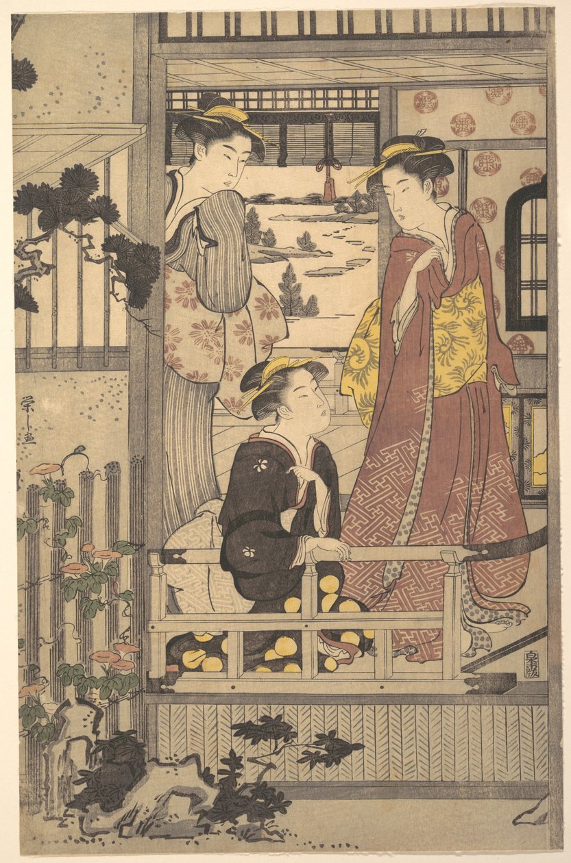 Three Women on a Veranda by Chobunsai Eishi