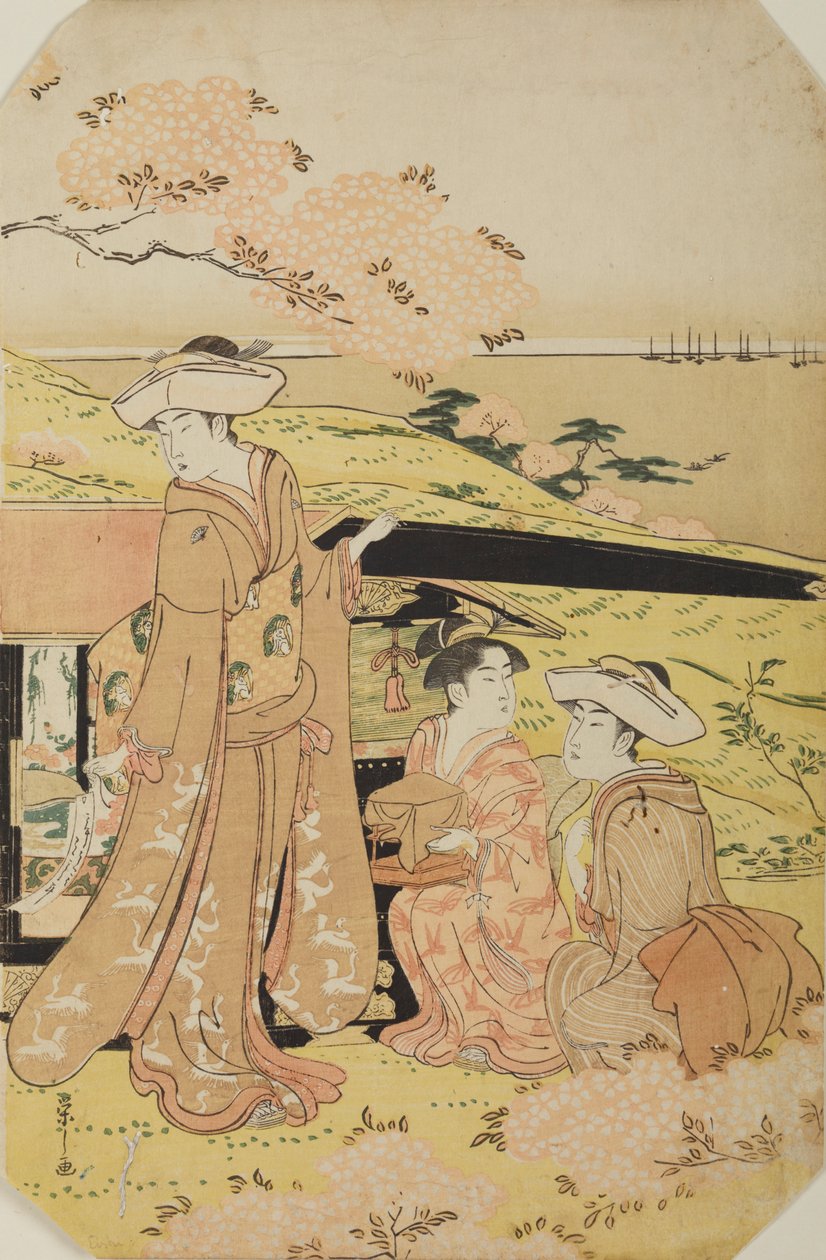 Three ladies by a palanquin by Chobunsai Eishi