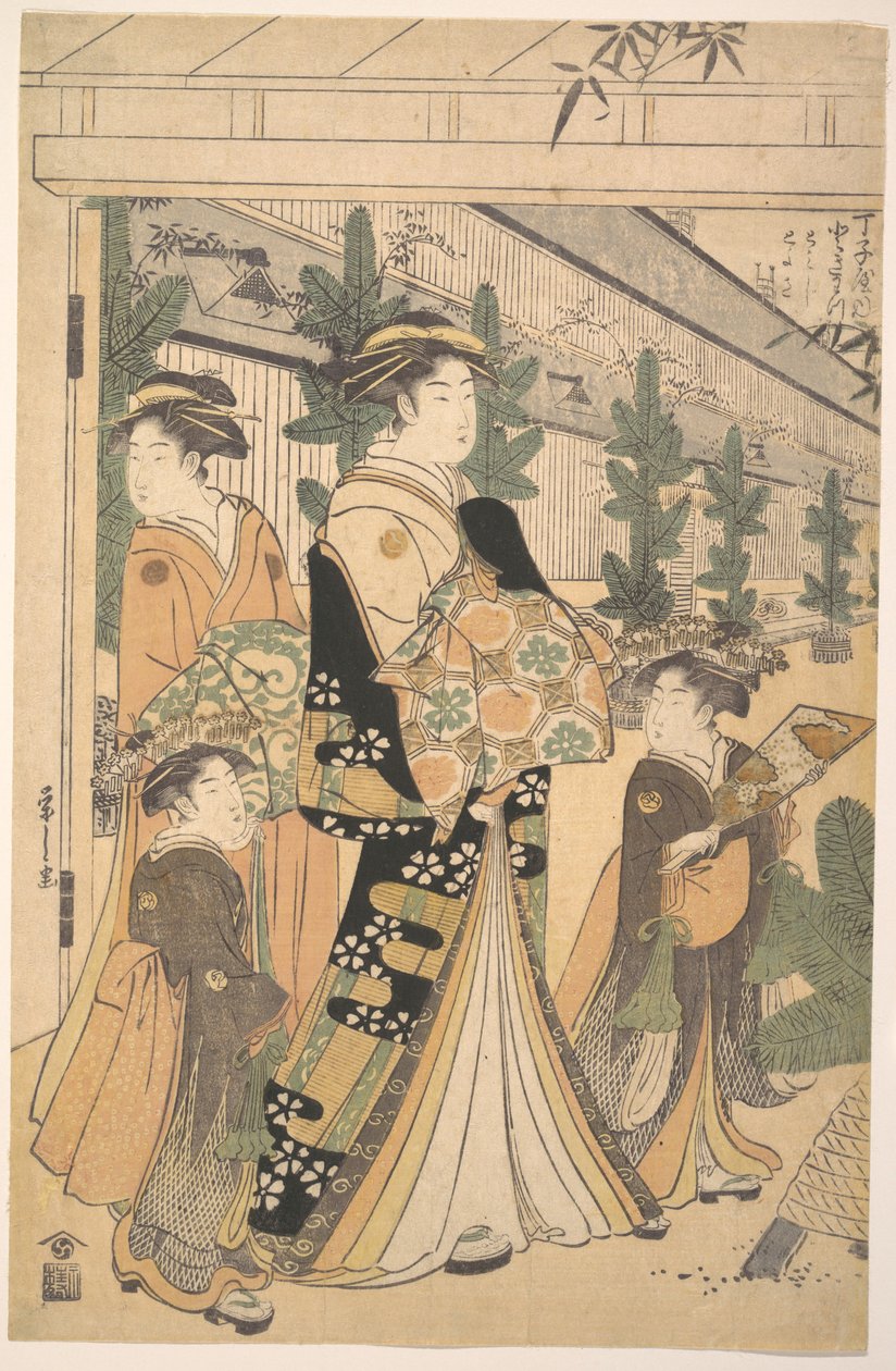 Two Oiran with Two Female Attendants in the Yoshiwara by Chobunsai Eishi