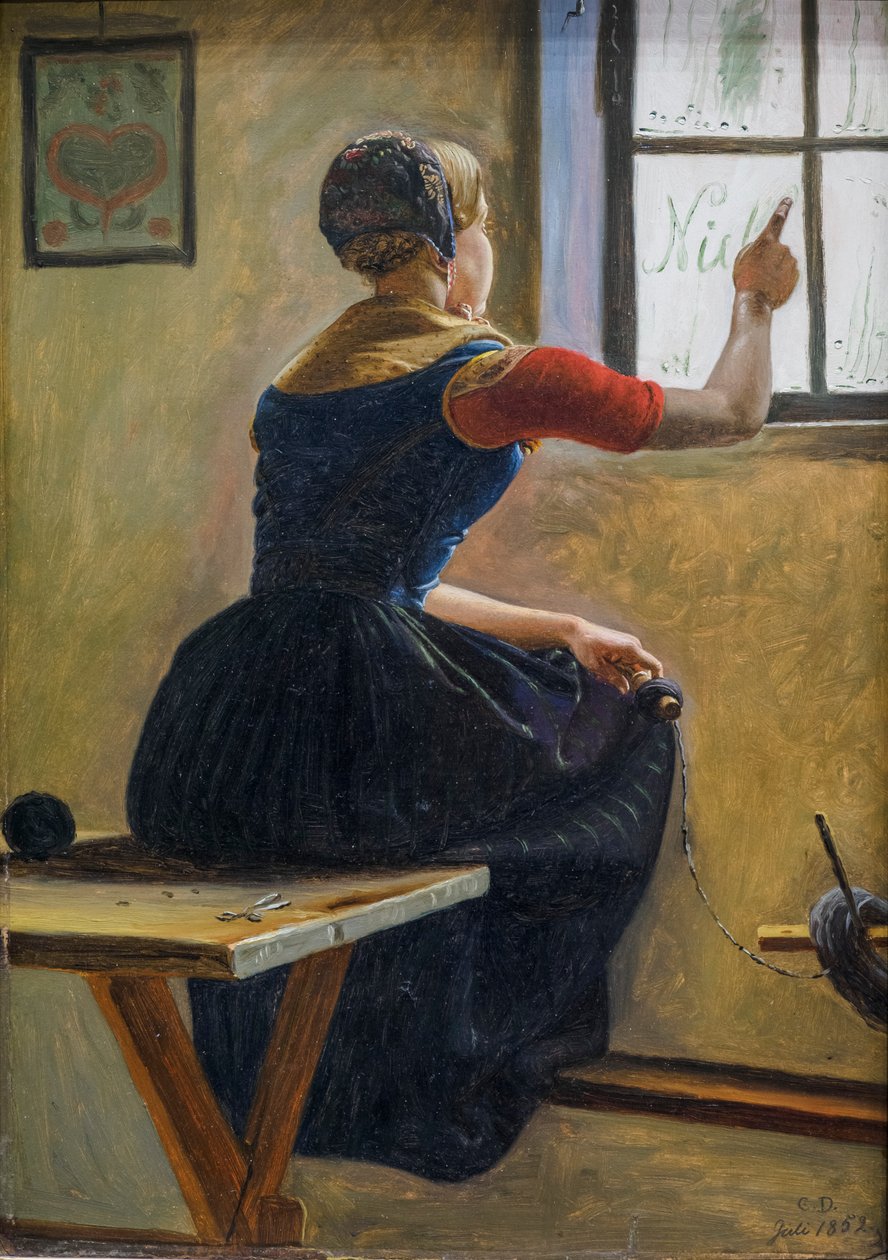 A Young Peasant Girl from Jutland Writes the Name of Her Friend on a Misted Windowpane by Christen Dalsgaard
