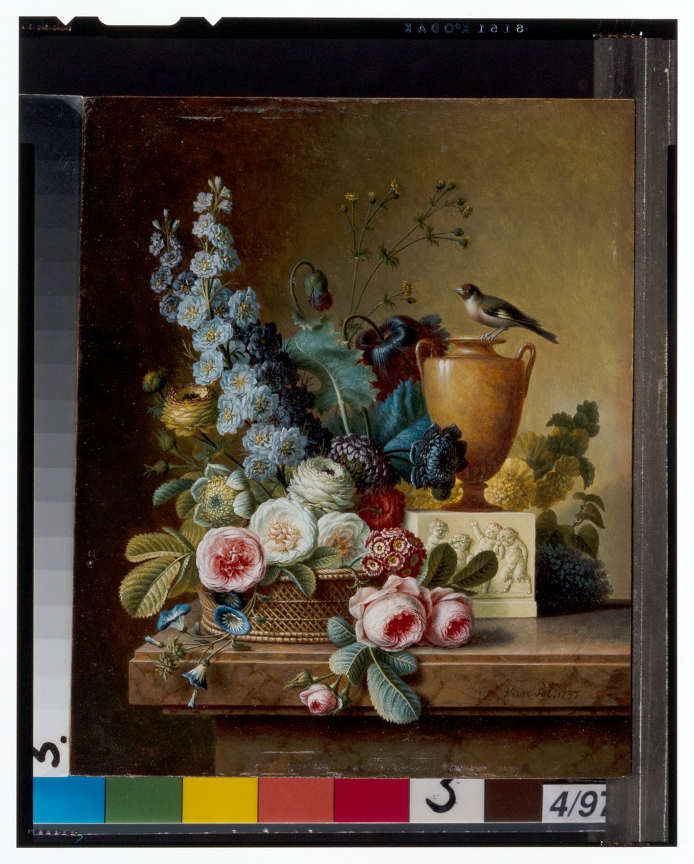 A Vase of Flowers on a Marble Ledge & A Basket of Flowers with a Goldfinch