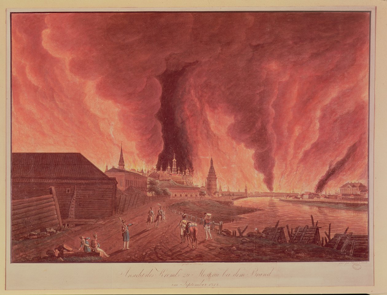 View of the Kremlin, during the Moscow Fire of September 1812, engraved by Schmidt by Christian Johann Oldendorp