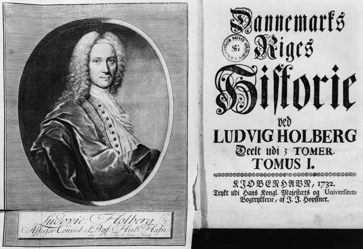 Baron Ludvig Holberg and the title page of Volume I of his History of Denmark, published in Copenhagen by Christian Friedrich Fritzsch