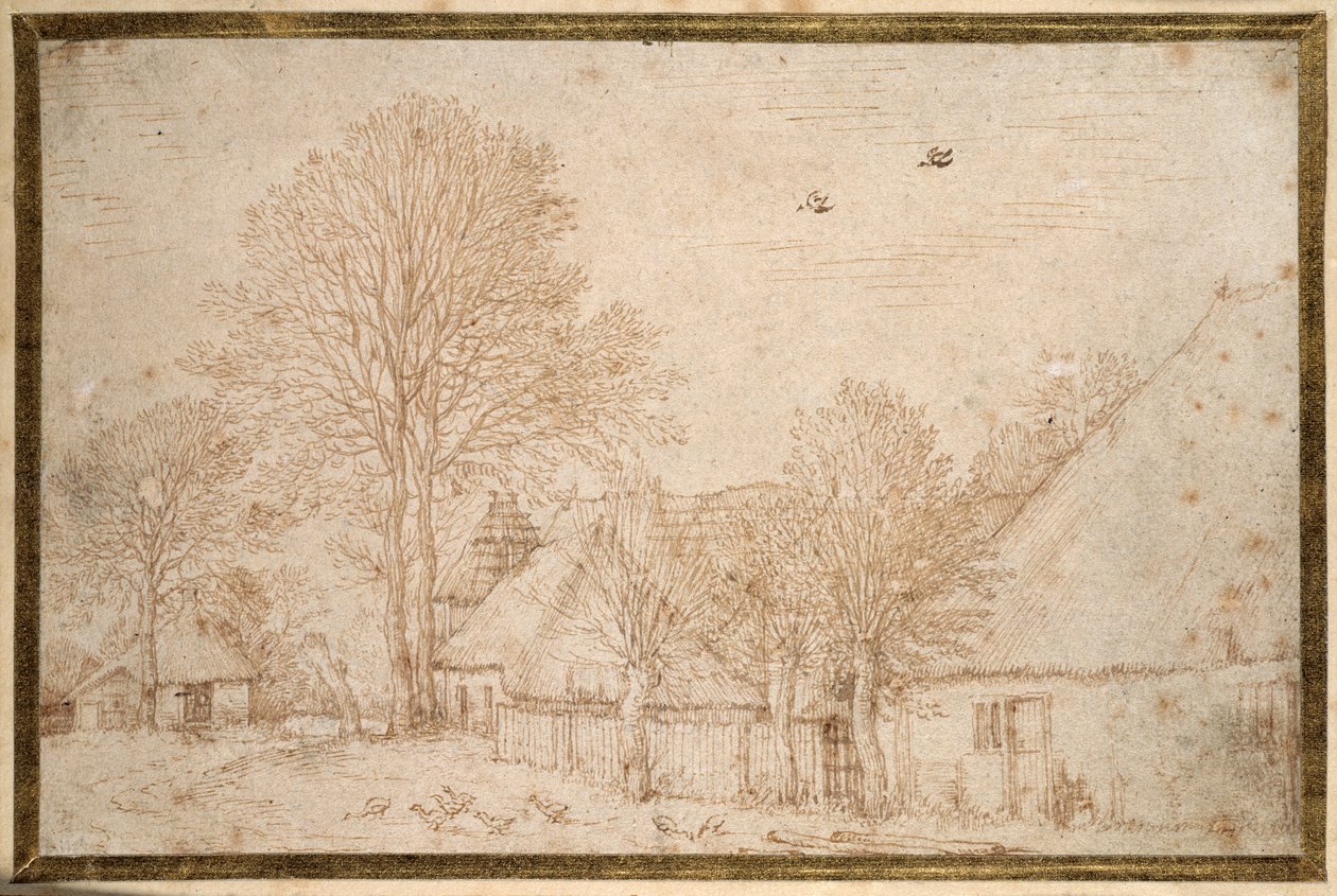 Thatched buildings, almost bare trees and a flock of geese by Kosma Sergejewitsch Petrow Wodkin