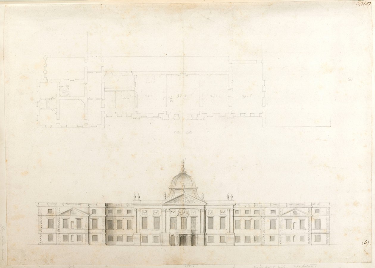 Hampton Court Palace, Part-plan and sketch elevation for an entrance façade, probably for 2nd scheme, numbered 5 & 6 by Christopher Wren