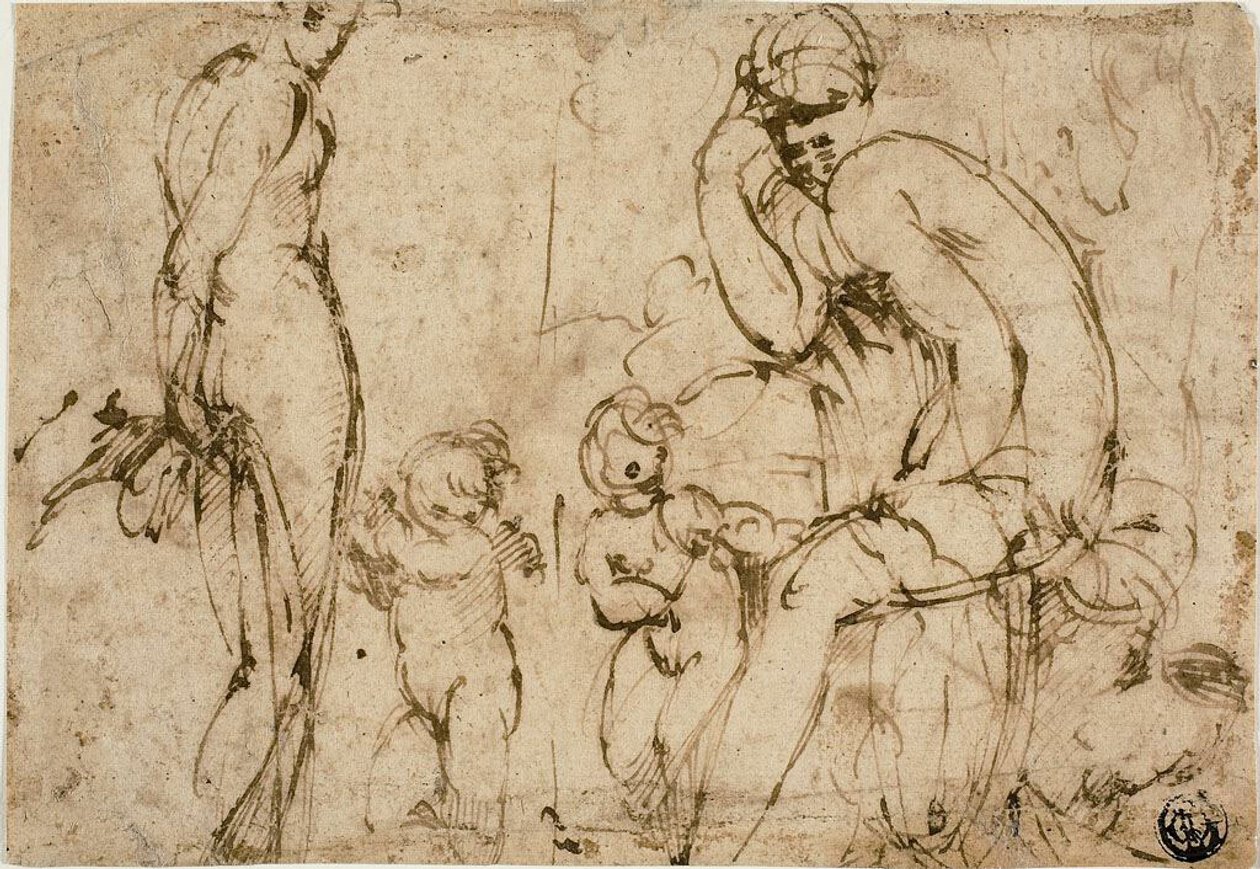 Venus and Mars with Putti (recto); Bearded Man Moving to Right (verso) by Circle of Parmigianino