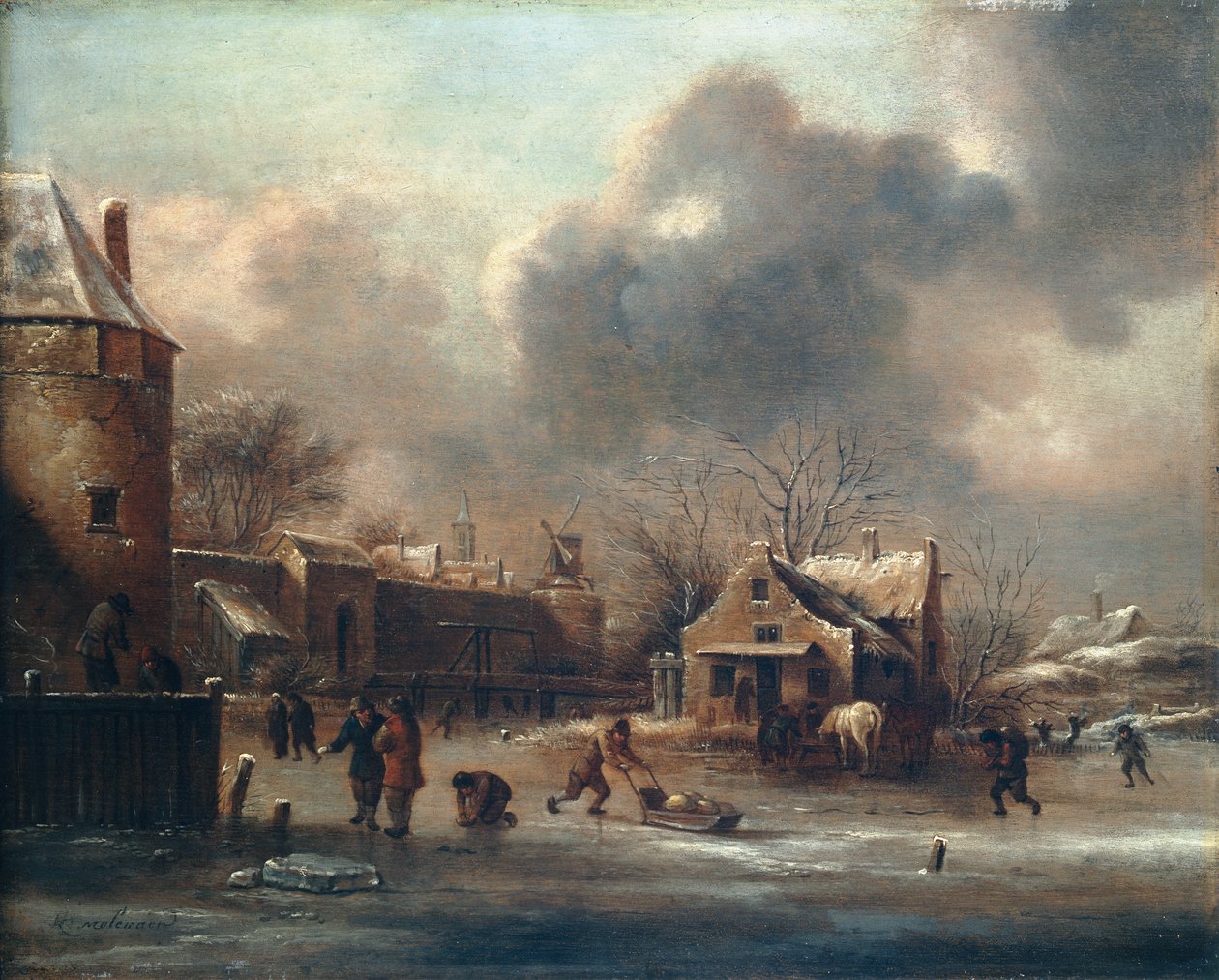 Skating Scene: Figures On The Ice Near The Walls Of A Town by Claes (1630-76) Molenaer