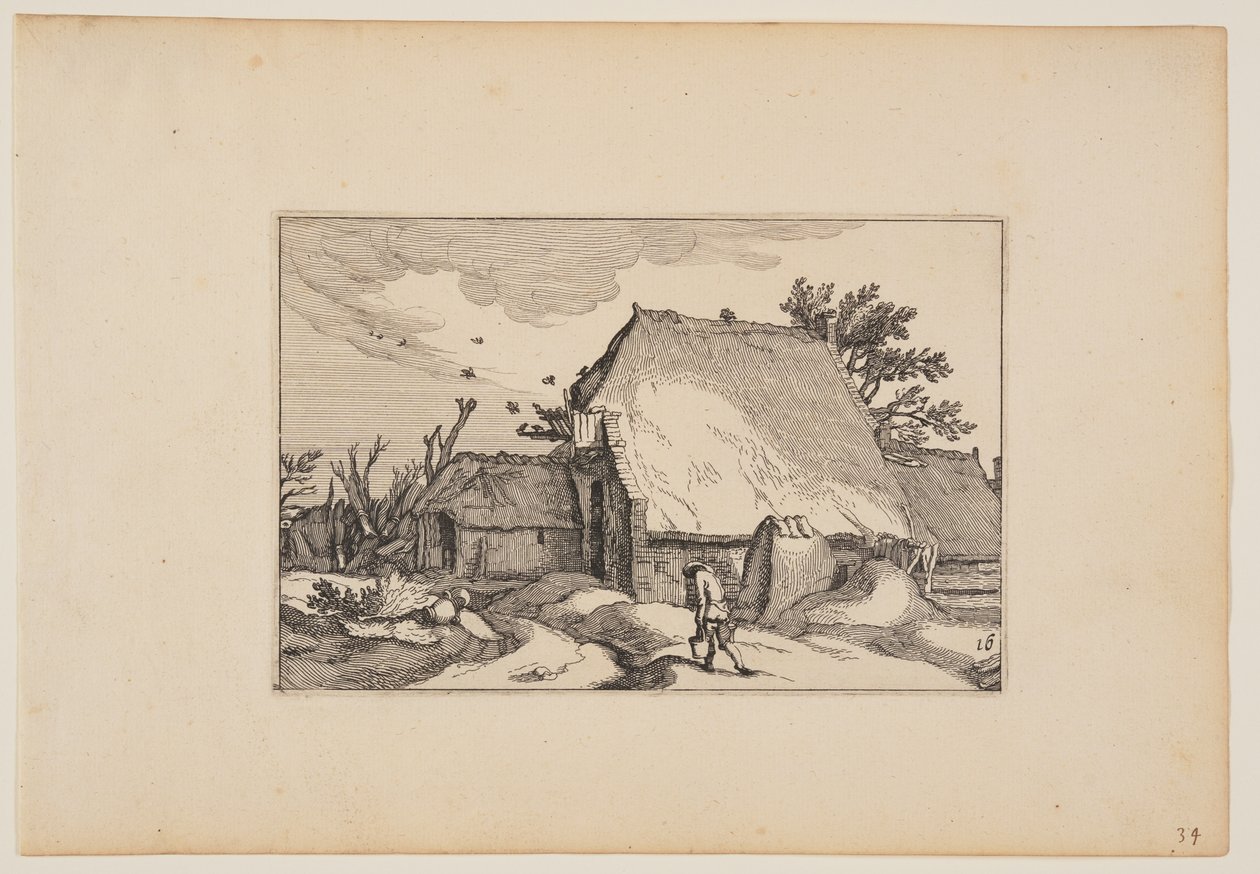 A Farm, Man with Two Buckets on Path in Front, from Landscapes by Claes Jansz. Visscher