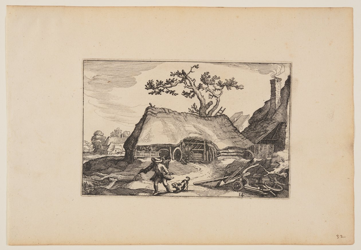 Farm with Shed for a Cart, Man with Barking Dog, from Landscapes by Claes Jansz. Visscher
