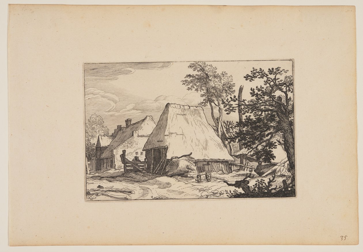 Farmyard, Man Resting on a Fence left of Centre, from Landscapes by Claes Jansz. Visscher