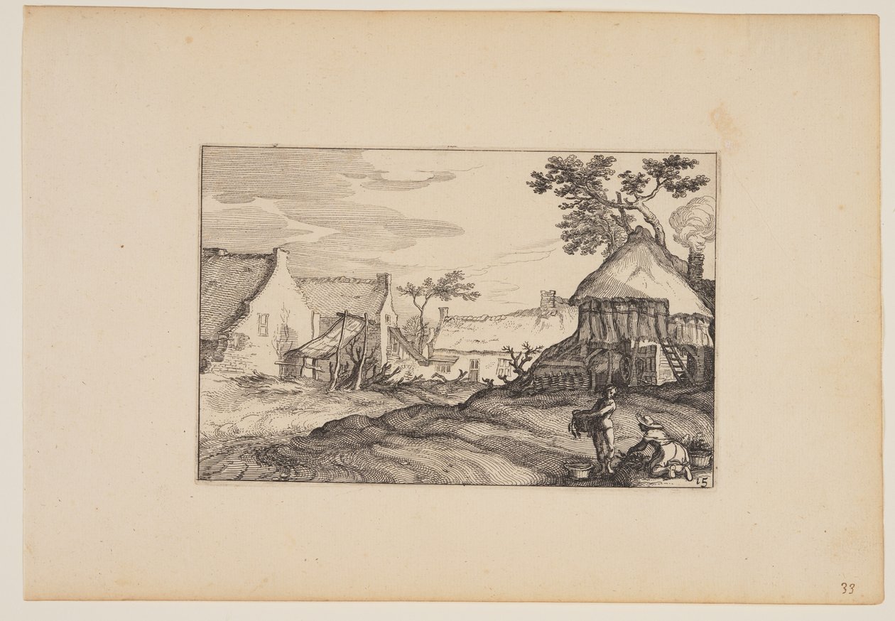 Farmyard Young Man and Woman in Foreground, from Landscapes by Claes Jansz. Visscher