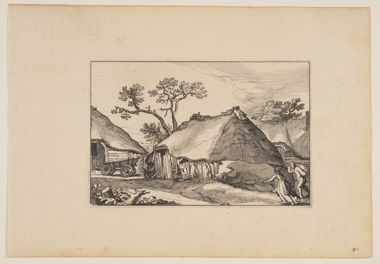 Two Barns, Cart at Left, from Landscapes by Claes Jansz. Visscher