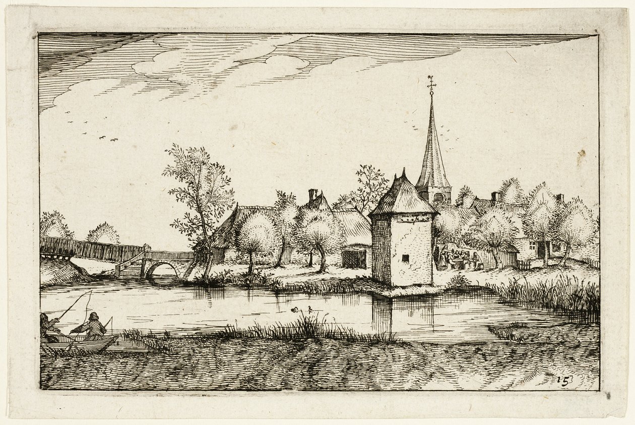 Pond and a Village, plate fifteen after Pictures of Farms, Country Houses and Rustic Villages by Claes Jansz. Visscher II