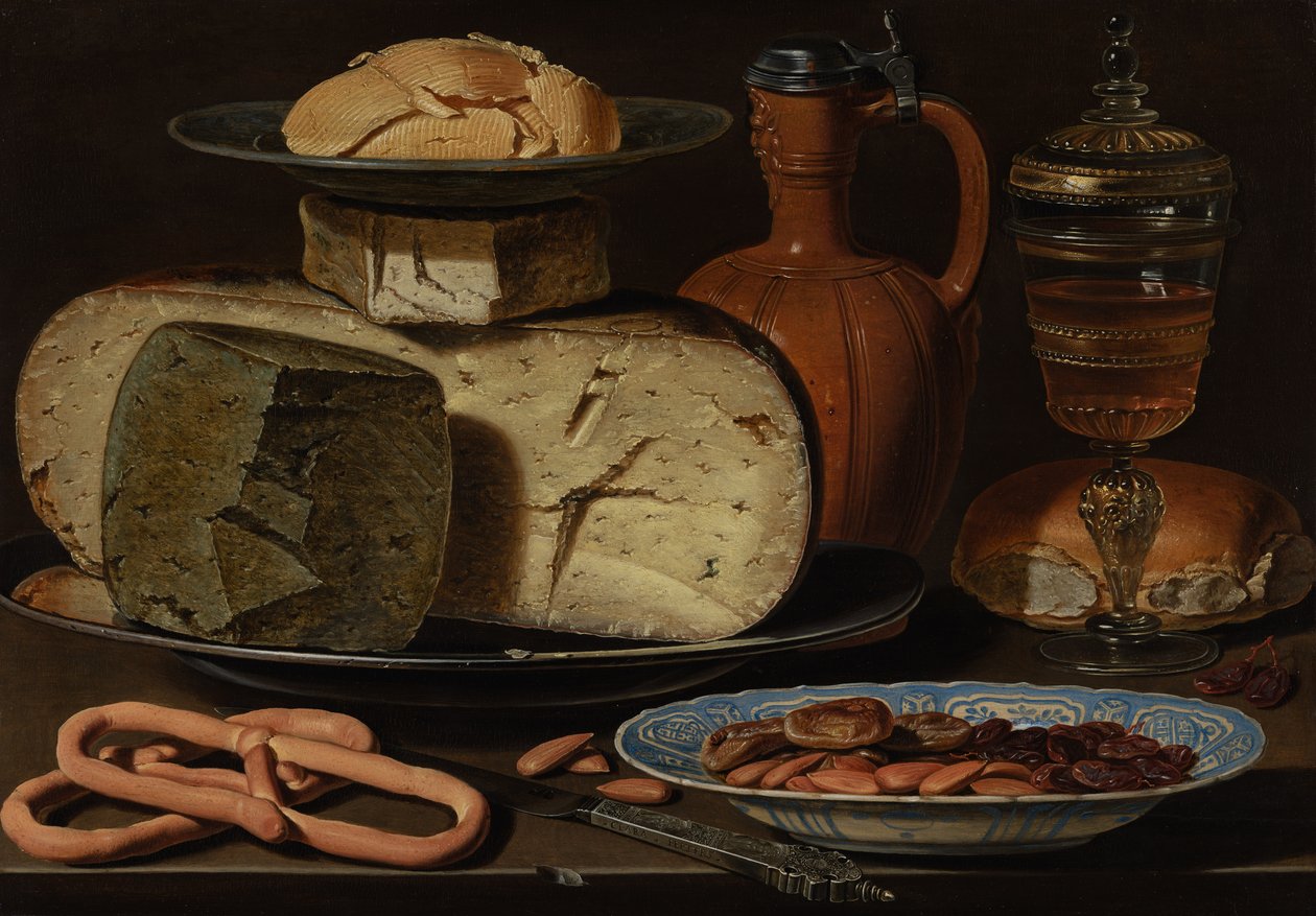 Still Life with Cheeses, Almonds and Pretzels, c.1615 by Charlotte Evans