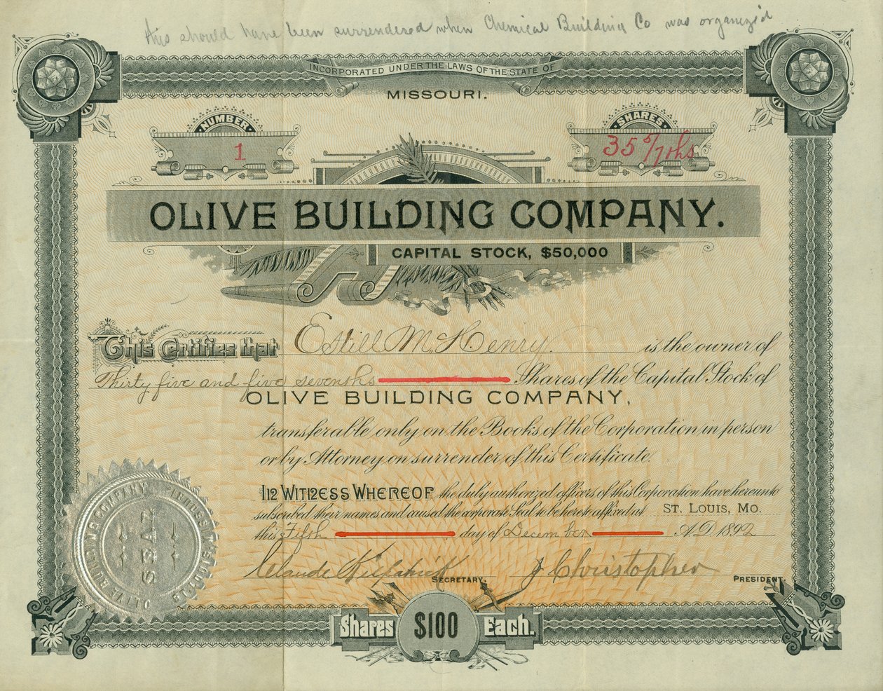 Olive Street Building Company Stock Certificate Issued to Estill M. Henry, December 5, 1892 by Claude Kirkpatrick