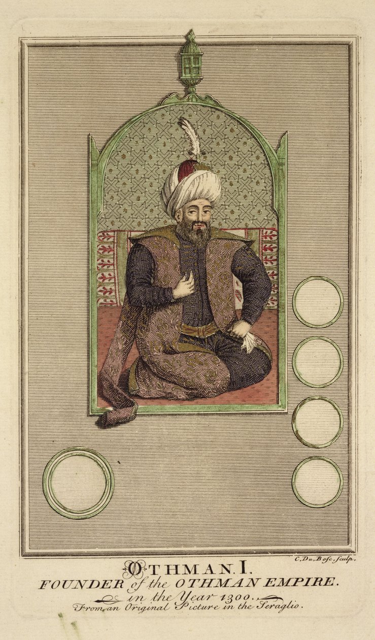 Osman I (1259-1326) founder of the Ottoman Empire in the year 1300, from an original picture in the seraglio by Claude du Bose