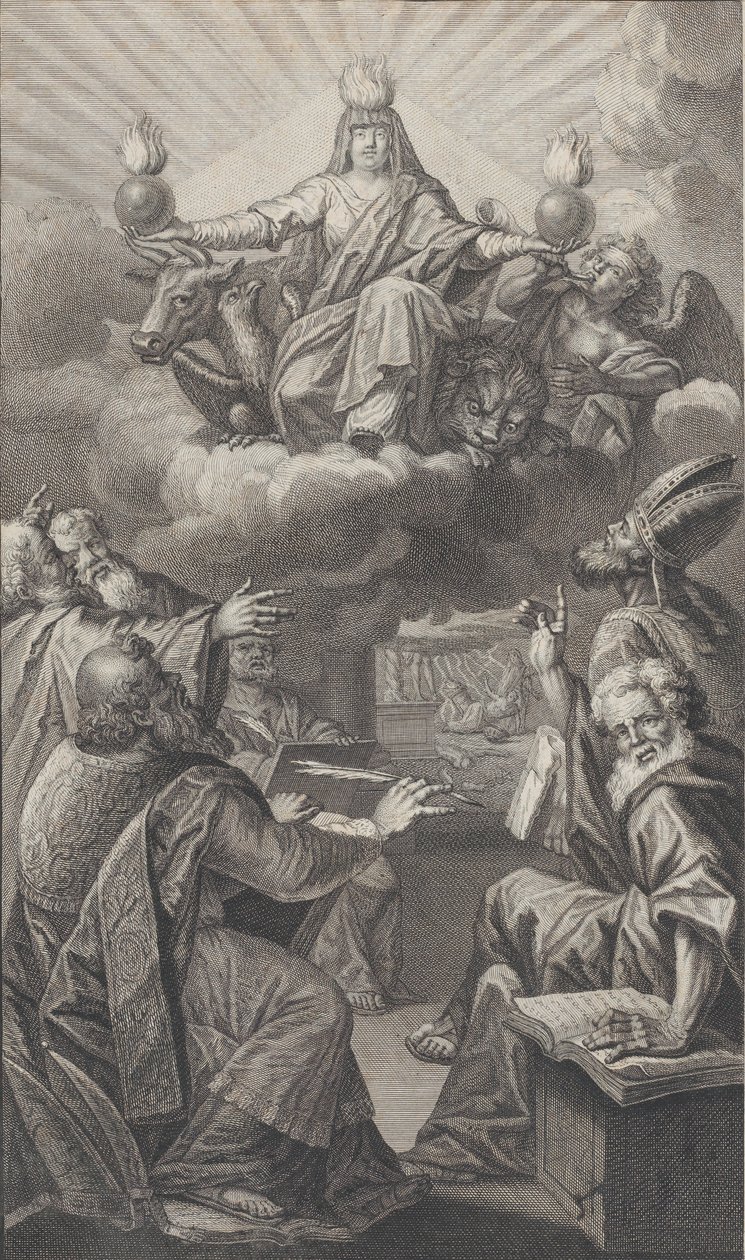 Allegorical Figure Appearing on Clouds Overhead While a Group of Men Gathered Below Look Up by Claude Augustin Duflos