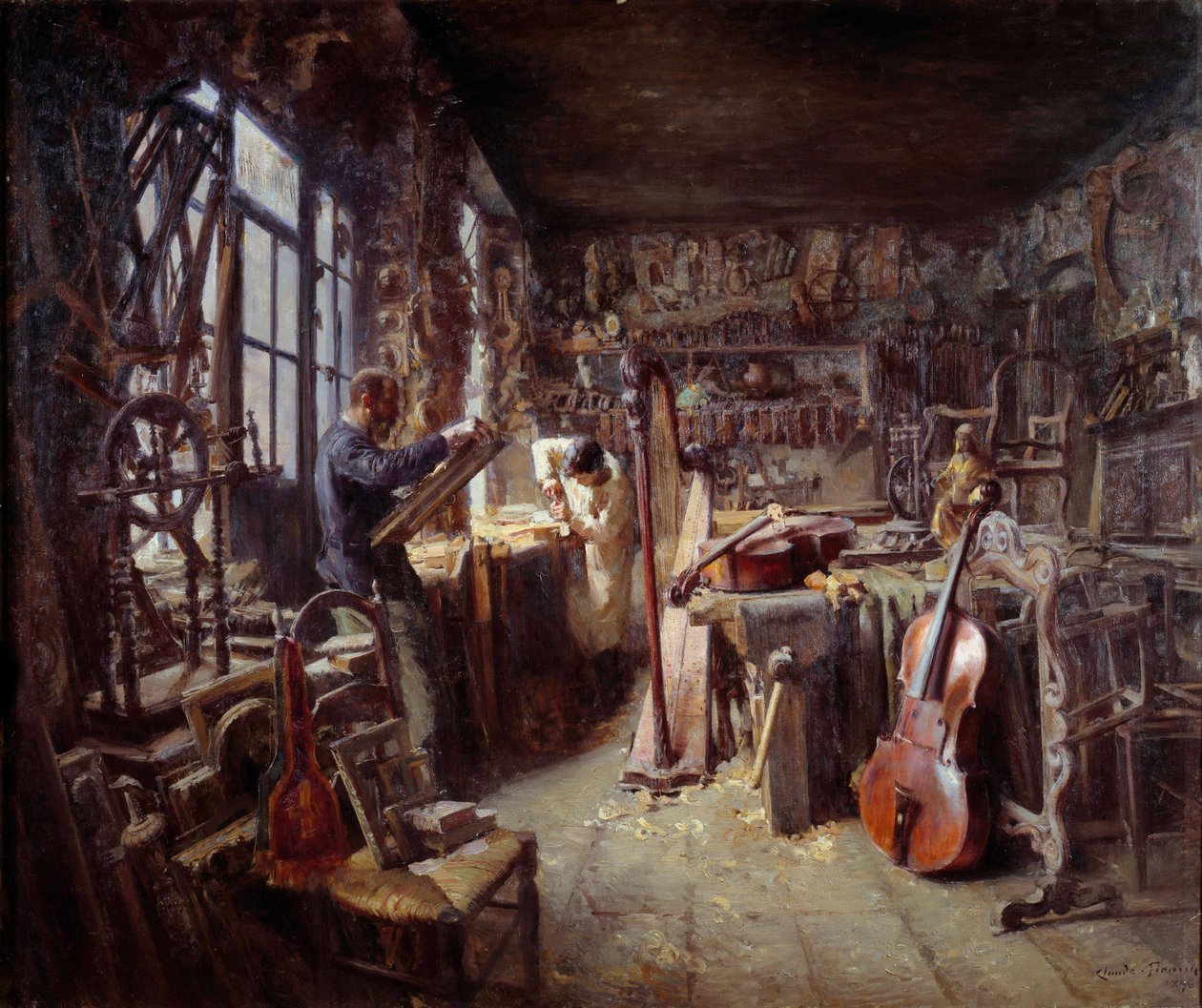 A Restorer in His Workshop Full of Instruments by Claude Firmin