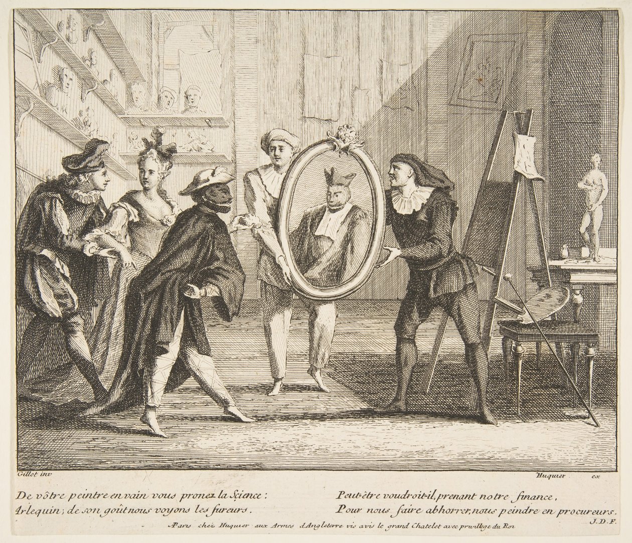 Pierrot and Scaramouche Show the Portrait of Harlequin by Claude Gillot, Jacques Gabriel Huquier