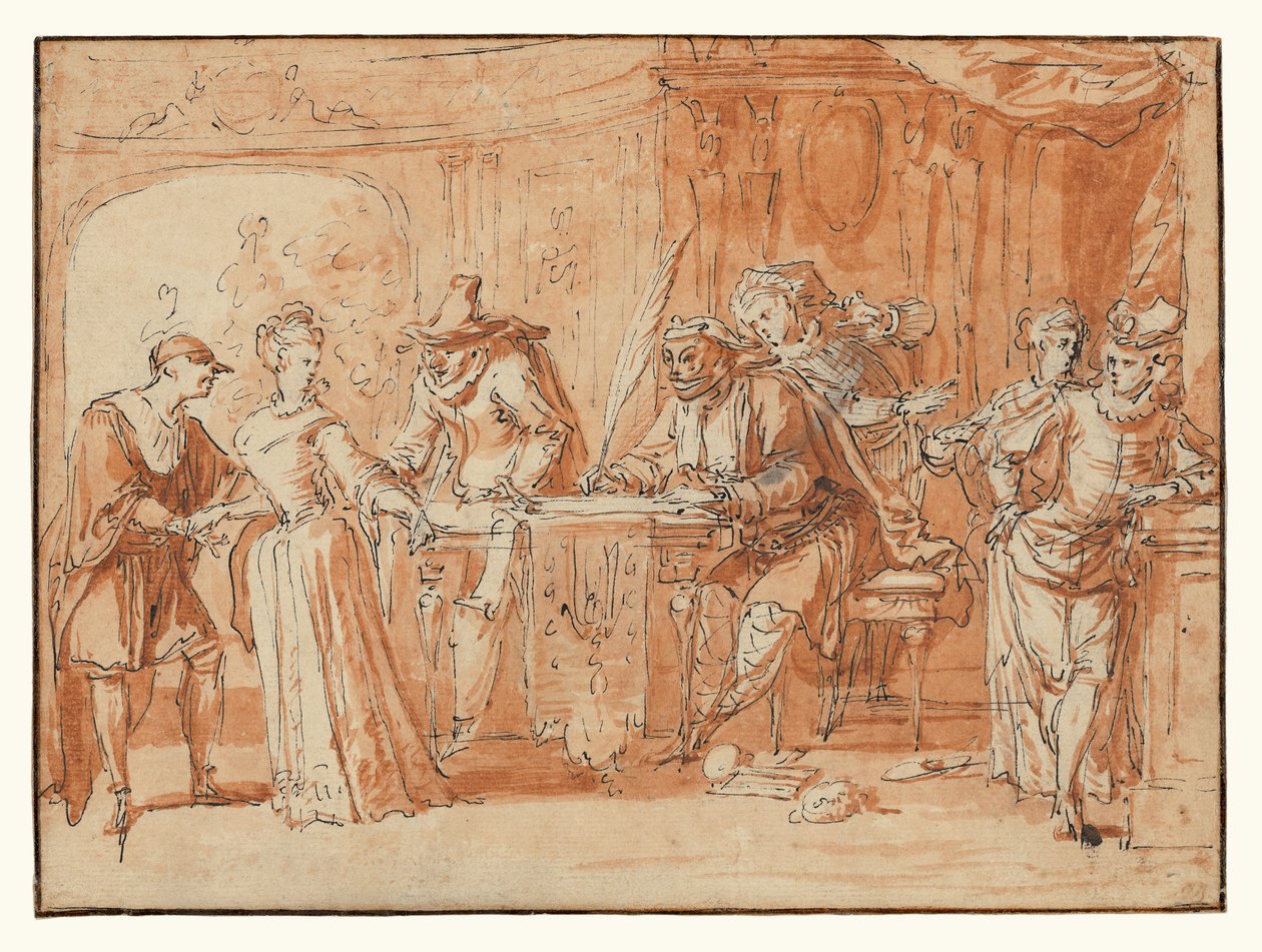 Scene from the Italian Comedy (front); Figure Study (back) by Claude Gillot