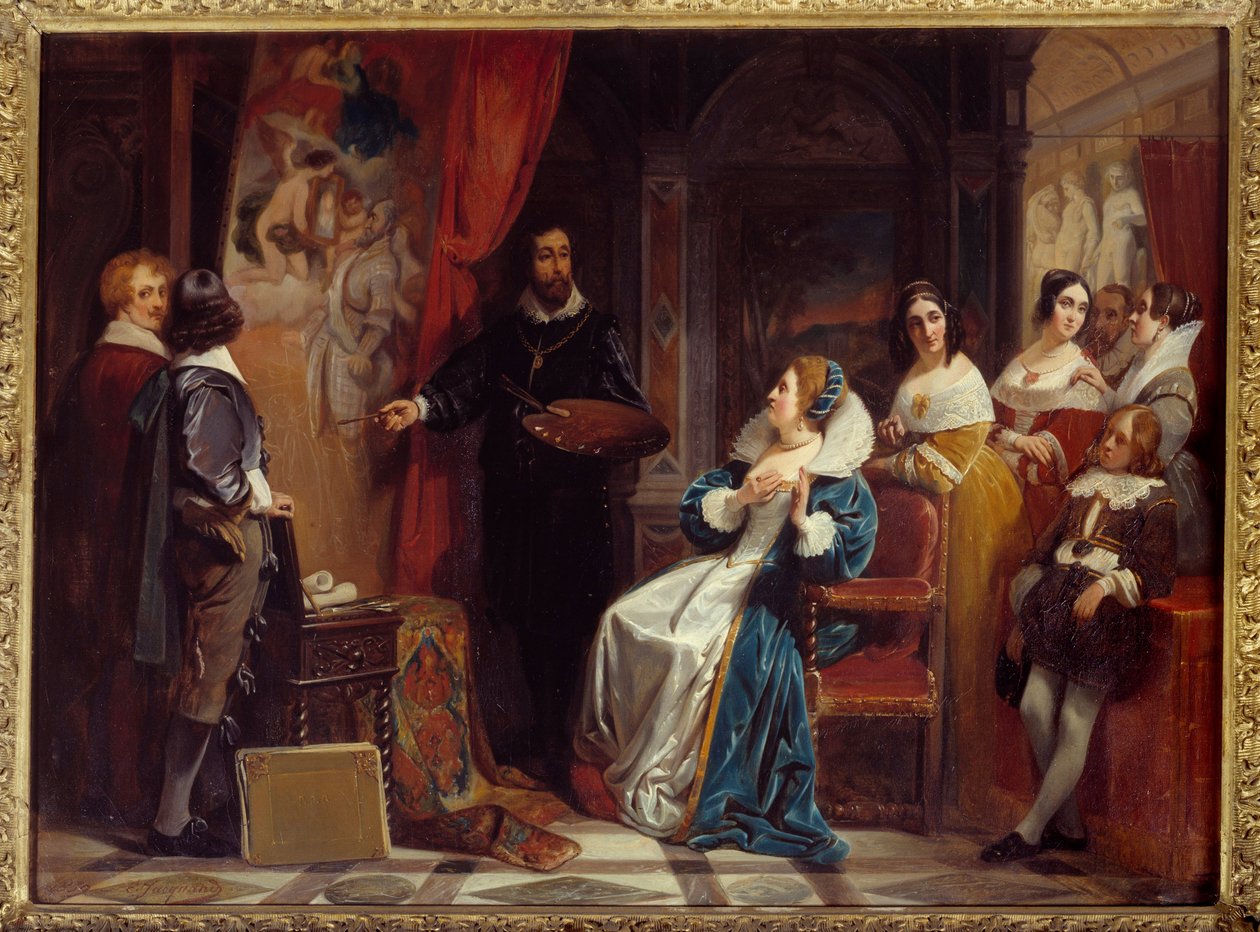 Queen of France Marie de Medicis (1573-1642) visiting the workshop of the painter Peter Paul Rubens by Claude Jacquand