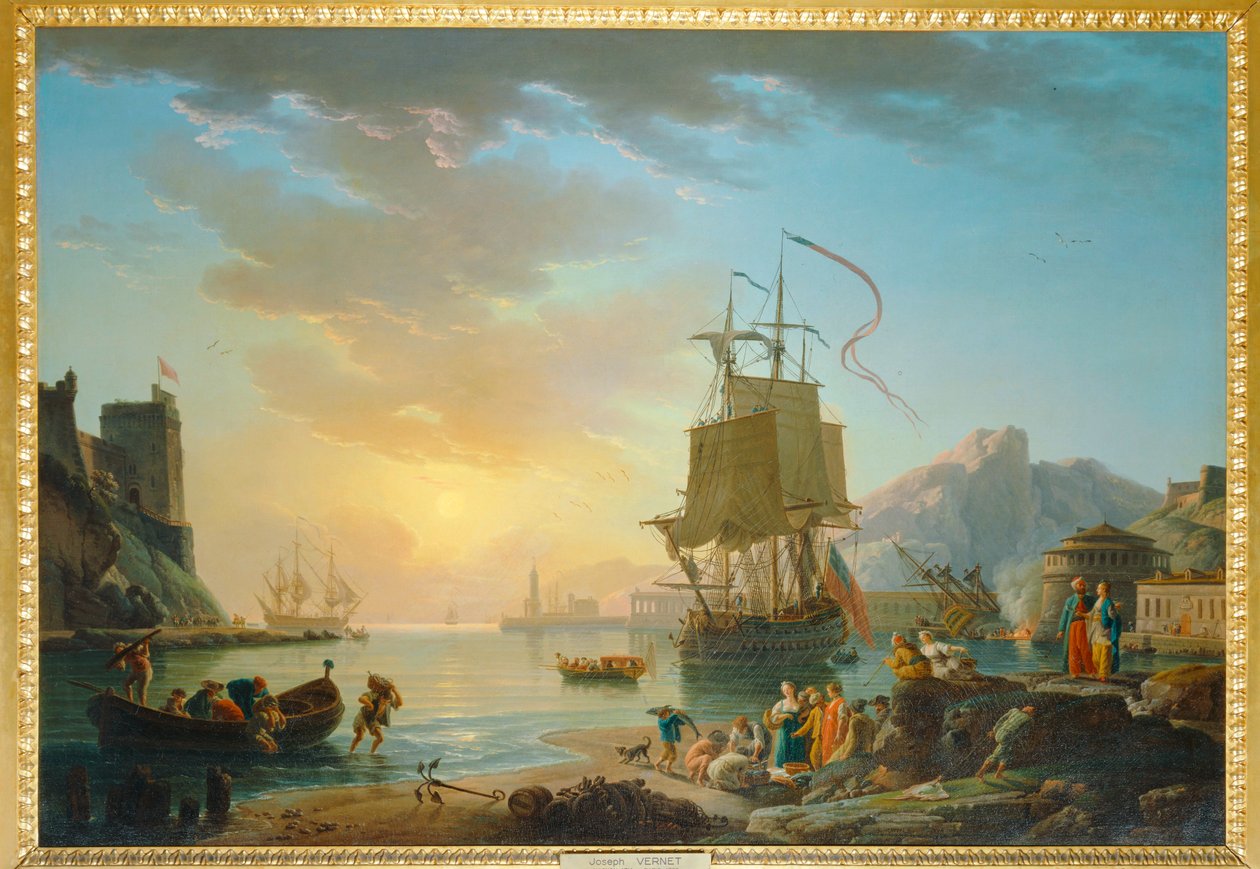 Marine, Sunset - Seaside Painting with Setting Sun by Claude Joseph Vernet