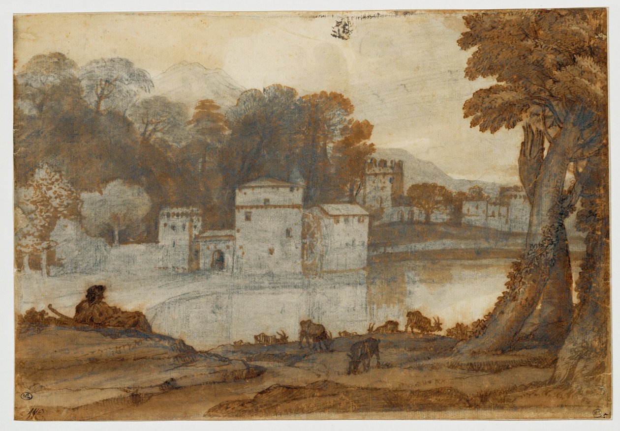 Shepherd by a lake near a fortified mill by Claude Lorrain (1600-82)