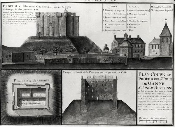 Cross-section and profile drawing of the Tour de Ganne at Tonnay Boutonne, from Recueil des Plans de Saintonge by Claude Masse