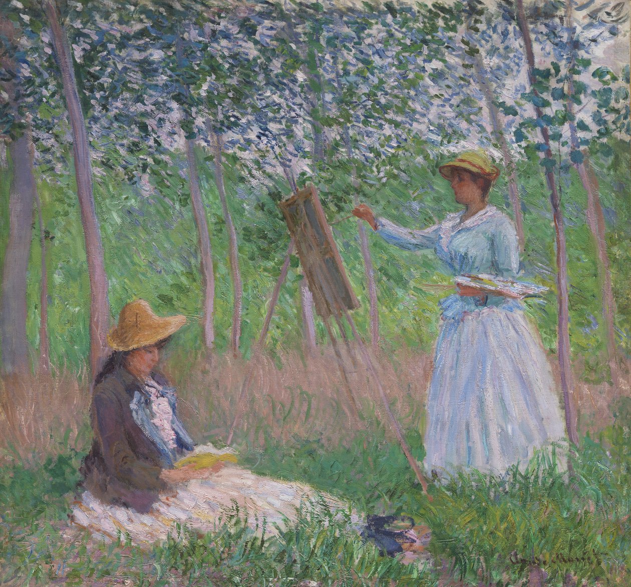 In the Woods at Giverny: Blanche Hoschedé at Her Easel with Suzanne Hoschedé Reading by Claude Monet