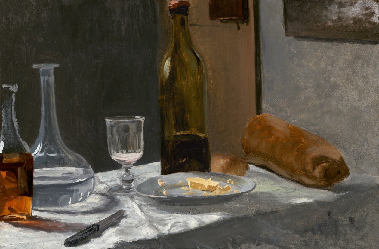 Still Life with Bottle, Carafe, Bread and Wine by Claude Monet