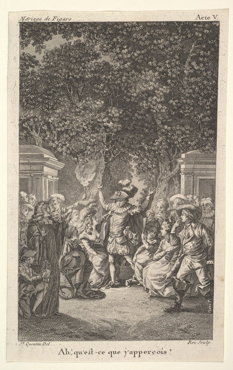 A young boy holds a torch under trees in a garden, at center a man raises both arms by Claude Nicolas Malapeau