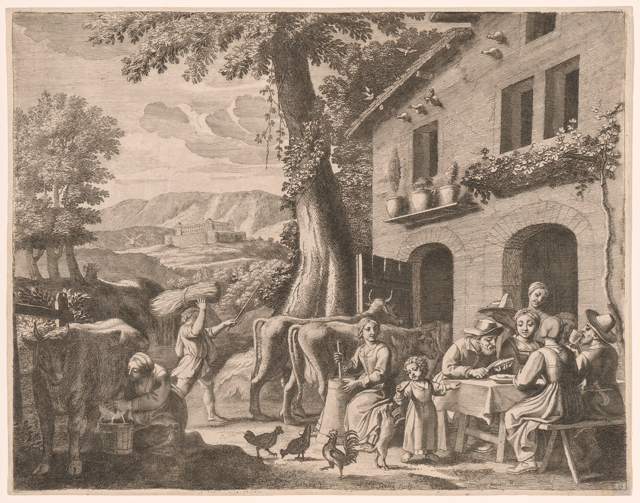 A Farmer Seated at the Table with His Family, Plate 13 from Pastorales by Claudine Bouzonnet Stella
