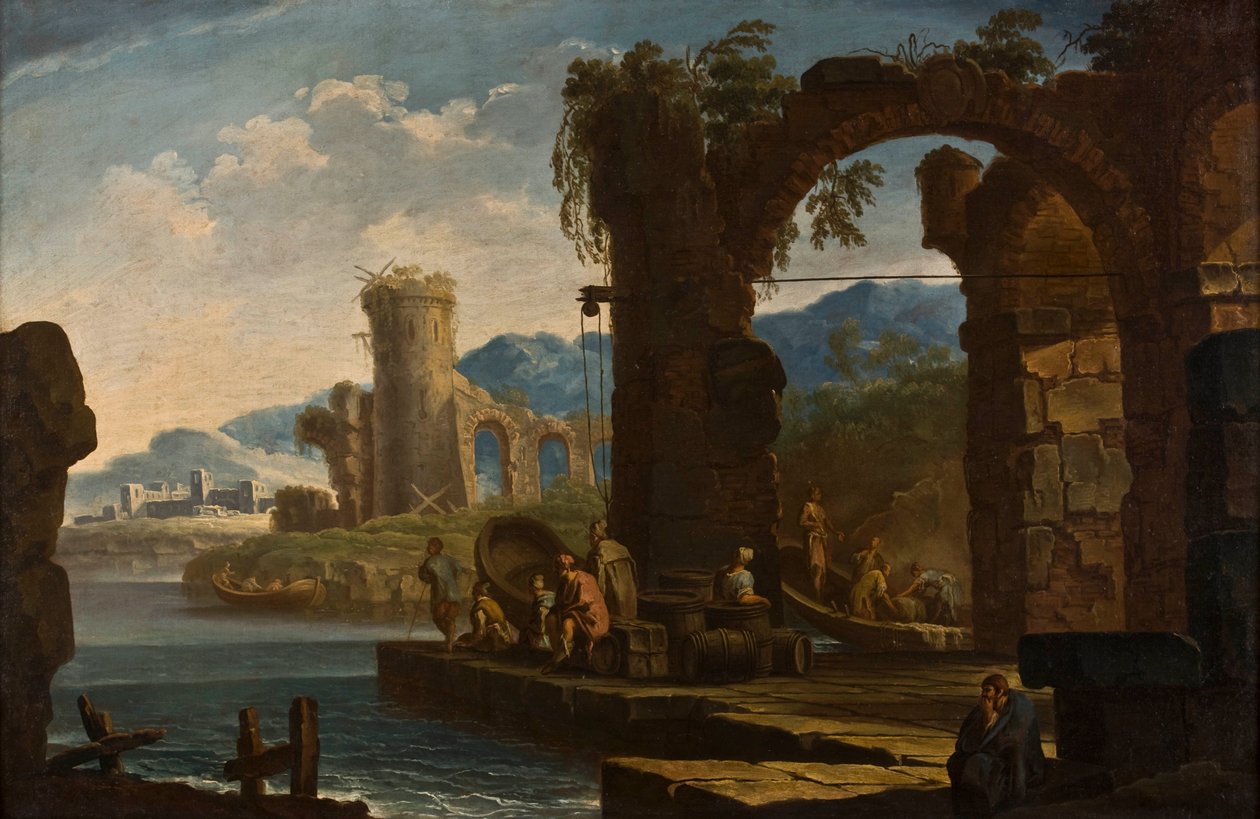Mediterranean Port with High, Ruinous and Overgrown Archway, Round Tower and Aqueduct in the Background by Clemente Spera