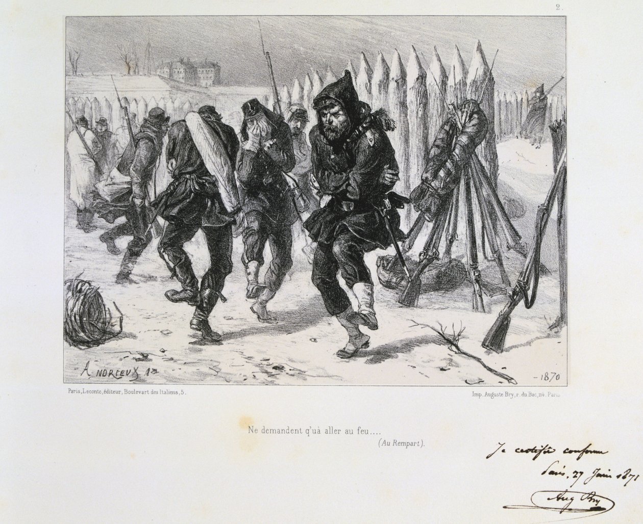 Franco-Prussian War 1870-1871. Siege of Paris 19 Sept 1870-28 Jan 1871. Soldiers on the ramparts jumping about to keep warm. From a series of lithographs by Clement August Andrieux by Clément-Auguste Andrieux